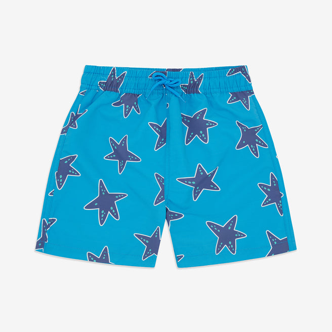 Blue starfish print UV protective swim shorts with an elasticated waist and drawstring tie.